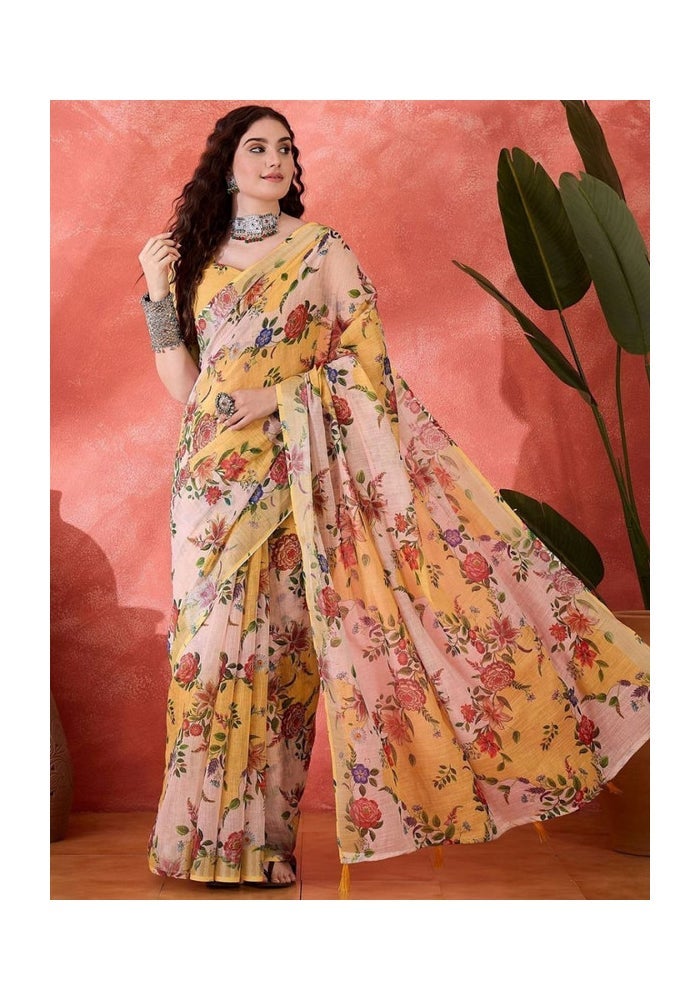 Malishka Export ساري قطن كتان أصفر مزخرف للنساء - Image 1